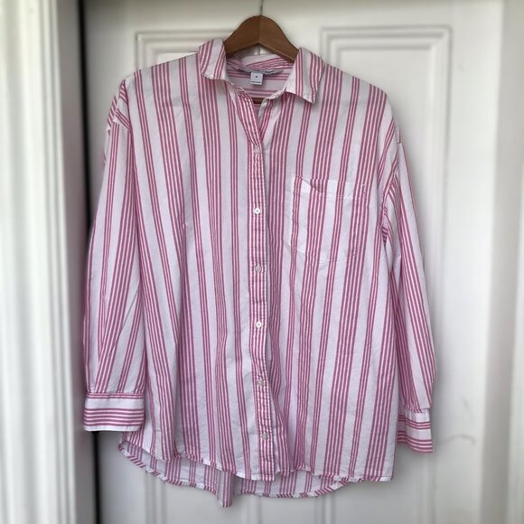 Old Navy Pink Strip Collared Button Up Women Size Medium *READ* - Picture 1 of 8
